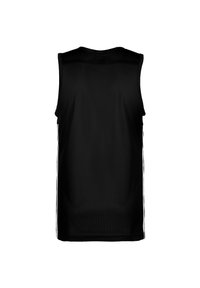 Maillot de sport noir sans manches en mesh avec des bandes blanches sur les côtés, doté d'un col rond et d'une texture respirante, conçu pour la pratique sportive.