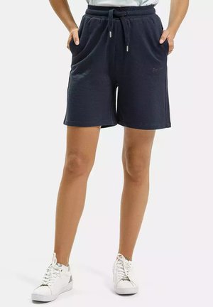 Ciemnoniebieskie fleecevne szorty z elastycznym paskiem i sznurkiem, z bocznymi kieszeniami i prostym, nieozdobionym wzorem.