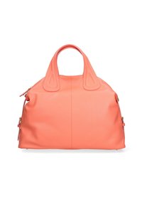 Grande borsa in pelle corallo con due manici robusti e dettagli con zip laterale, mostrata su uno sfondo bianco.