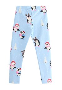 Light blue leggings featuring a penguin print with festive hats, scarves, and snowflakes. Made of soft, stretchy material for comfort.