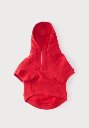 Sweat à capuche rouge à manches courtes avec fermeture éclair à l'avant et ourlet arrondi, conçu pour un petit animal de compagnie ou un enfant.