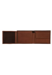 Brown leather wallet with multiple card slots, single cash compartment, and a transparent ID window. Smooth texture and neat stitching detail.