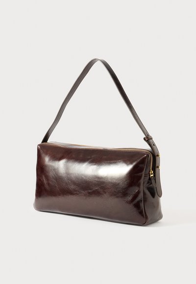 Brown leather handbag with a glossy finish, rectangular shape, single shoulder strap, and gold zipper hardware.