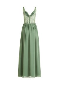 Robe longue en tissu vert doux, dotée d'un corsage perlé avec des embellissements intricats et un design de dos plongeant.