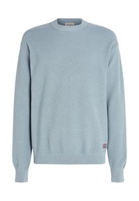 Lichtblauwe gebreide trui met een textuurpatroon, ribbelrondhals en manchetten, voorzien van een klein logopatch aan de onderkant.