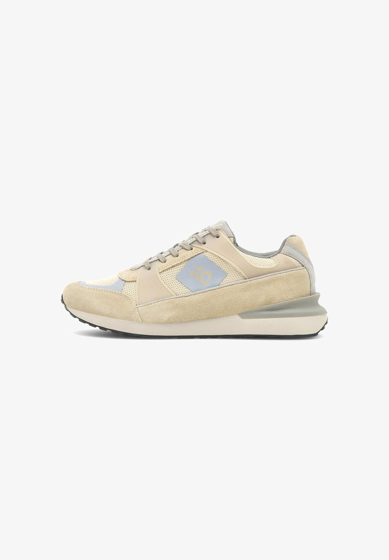 Beežid spordijalatsid, millel on samet- ja võrgumaterjalid, tekstureeritud disain, heledat hallid aktsendid ja pehme tallaga.