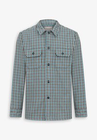 Skakternet flannel skjorte i blå, sort og hvid. Har to brystlommer, knaplukning foran og krave. Tekstureret stof.