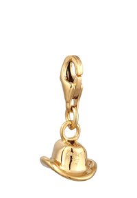 Guldfärgad charm i form av en bowlerhatt, med en glänsande yta och detaljerade accenter. Spänne för fäste ingår.