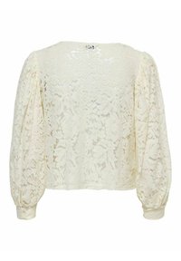 Blouse en dentelle à manches longues de couleur crème avec motif floral, manches bouffantes et poignets ajustés, vue de dos sur fond blanc.