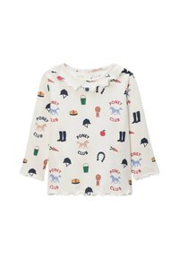 T-shirt à manches longues côtelé en crème avec des impressions colorées "Poney Club", un col frisé et des poignets à bords festonnés. Présente des chevaux, des chapeaux et des accessoires.