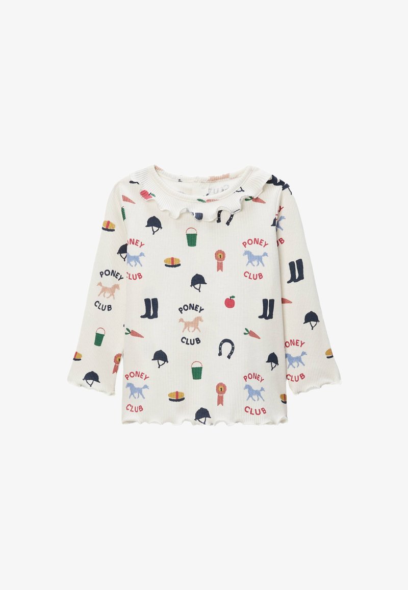T-shirt à manches longues côtelé en crème avec des impressions colorées "Poney Club", un col frisé et des poignets à bords festonnés. Présente des chevaux, des chapeaux et des accessoires.