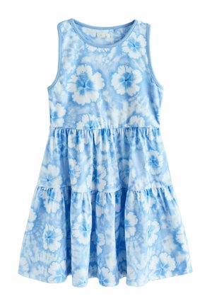 Bezrekawowa sukienka warstwowa w jasnoniebieskim kolorze z białym kwiatowym wzorem tie-dye, okrągłym dekoltem i marszczonym detalem w talii.