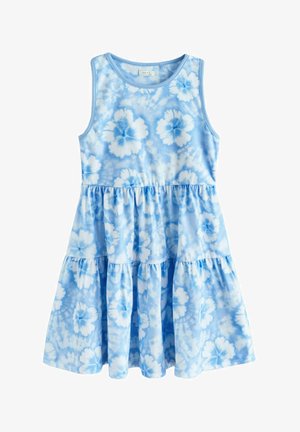 Ärmelloses gestuftes Kleid in Hellblau mit weißem Tie-Dye-Blumenmuster, rundem Ausschnitt und gerafftem Taillendetail.