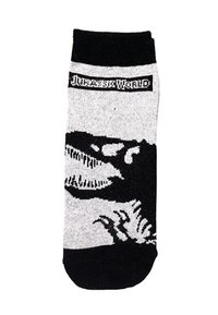 Schwarze und graue Baumwollsocken mit einem Dinosaurier-Graphic, mit dem Text "Jurassic World" am oberen Bund und strukturiertem Finish.