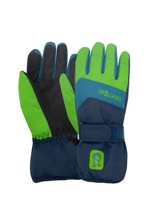 Children's winter gloves in blue and green with adjustable wrist strap, textured black palm for grip, and Trollkids logo on the back.