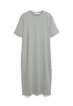 Light gray, knee-length t-shirt dress made of soft cotton, featuring short sleeves, a relaxed fit, and a round neckline. No visible patterns.