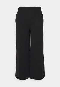 Zwarte wijde broek met een gladde textuur, voorzien van een hoge tailleband en geen zichtbare sluitingen. Rechte snit met een vloerlange zoom.