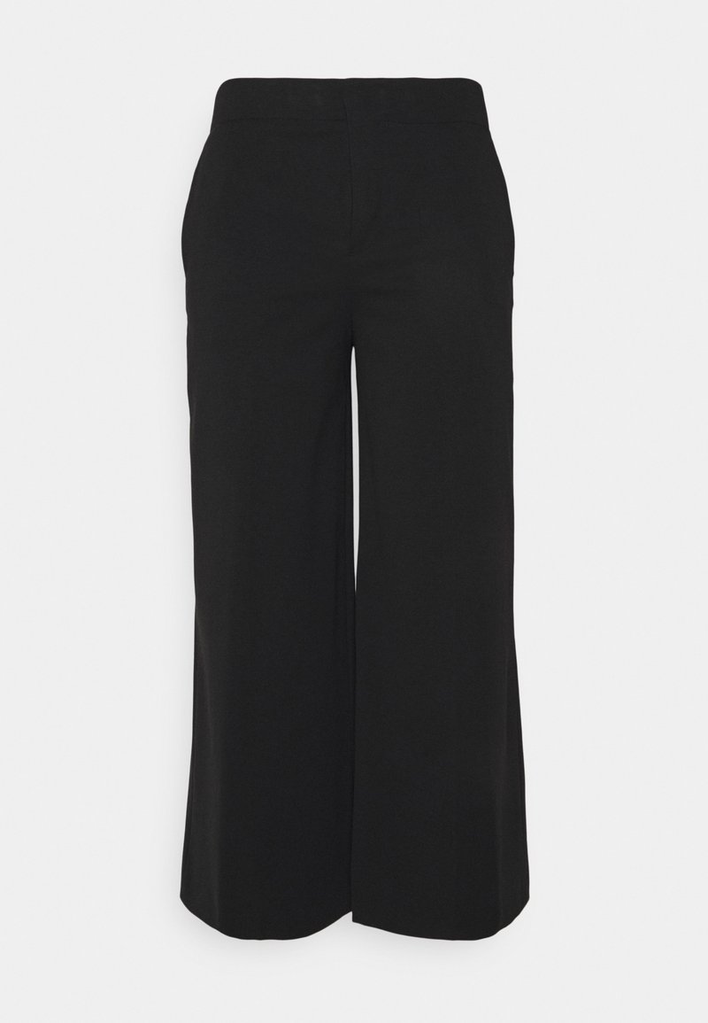 Zwarte wijde broek met een gladde textuur, voorzien van een hoge tailleband en geen zichtbare sluitingen. Rechte snit met een vloerlange zoom.