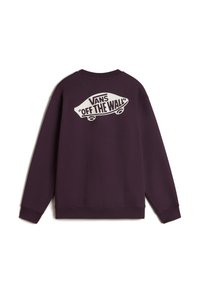 Fioletowa bluza z okrągłym dekoltem i długimi rękawami. Na plecach znajduje się duży biały napis "VANS 'OFF THE WALL'". Miękka tekstura materiału.