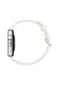 Smartwatch with a silver stainless steel case, featuring a round face, cream silicone strap, and a side button with a textured grip.