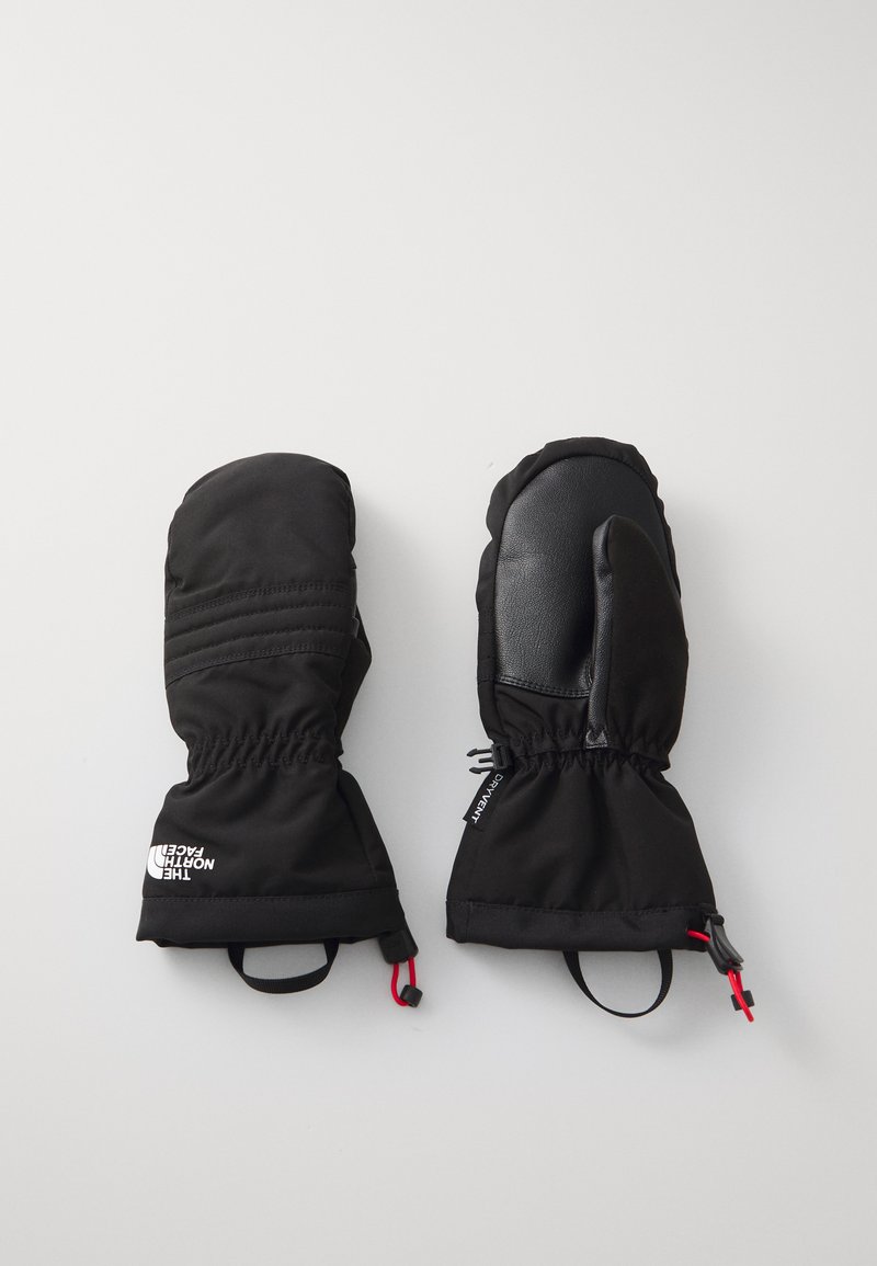 Mãos de inverno isoladas pretas com uma palma de couro texturizado, fechos elásticos nos pulsos e detalhes em cordão vermelho. Apresenta o logótipo na parte superior do punho.