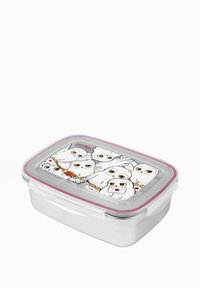 Un contenitore alimentare in vetro rettangolare con un coperchio in silicone rosa. Il coperchio presenta un'illustrazione di sei gufi animati con diversi accessori.