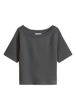 Ciemnoszara krótka bluza z krótkim rękawem, szerokim dekoltem i minimalistycznymi detalami szwów, metka wewnątrz kołnierza.