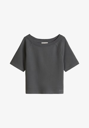 Dunkelgraues, kurzärmeliges, kurz geschnittenes Sweatshirt mit weitem Ausschnitt und minimalen Nahtdetails, Etikett innen am Kragen.