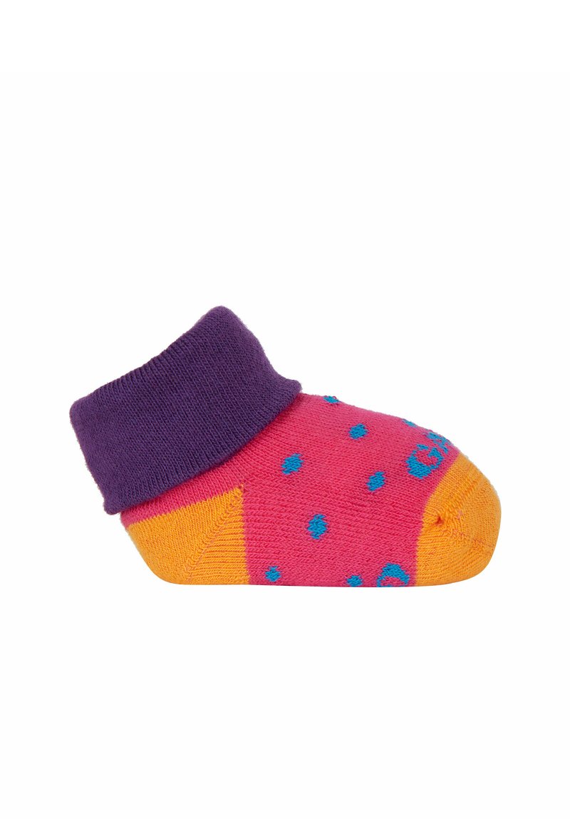 Calzino colorato con un risvolto viola, corpo rosa con puntini blu e una punta arancione. Realizzato in morbido materiale lavorato a maglia.