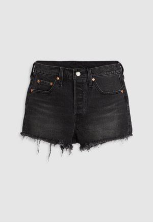 Black denim shorts with a high waist, frayed hem, five pockets, and copper rivet details. Smooth texture with a faded appearance.