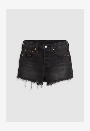 Black denim shorts with a high waist, frayed hem, five pockets, and copper rivet details. Smooth texture with a faded appearance.
