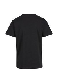 Black cotton T-shirt with a crew neck and short sleeves. Smooth texture with a simple, solid color design. No visible graphics or accents.