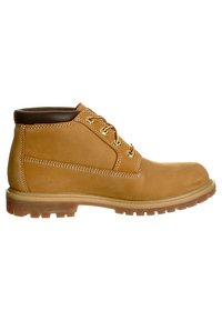 Stivaletti in pelle tan con punta rotonda, colletto in pelle marrone, occhielli dorati e suola in gomma con un motivo di battistrada testurizzato.