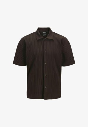 Brown short-sleeve shirt with vertical ribbed texture, pointed collar, and front button closure.