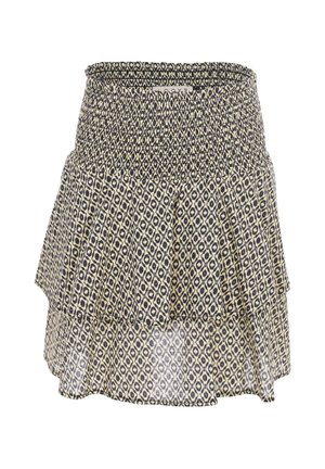 High waist gelaagde rok met zwart en beige geometrisch diamantenpatroon en elastische gerimpelde tailleband, gelaagd stofontwerp.