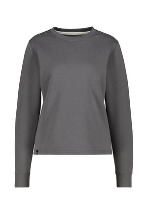Sweatshirt gris à manches longues en tissu lisse. Il présente un col rond, des poignets côtelés et une coupe légèrement décontractée.