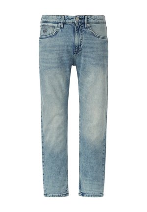 Jeans in denim azzurro chiaro con design a gamba dritta, cinque tasche, chiusura con bottone e texture sbiadita. Privi di decorazioni e senza motivi.