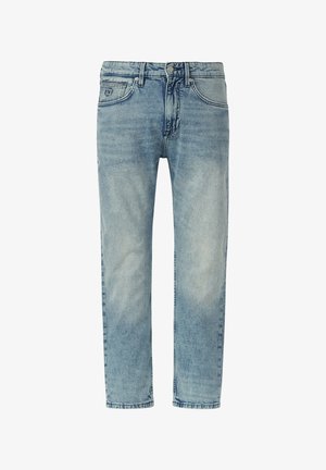 Jeans in denim azzurro chiaro con design a gamba dritta, cinque tasche, chiusura con bottone e texture sbiadita. Privi di decorazioni e senza motivi.