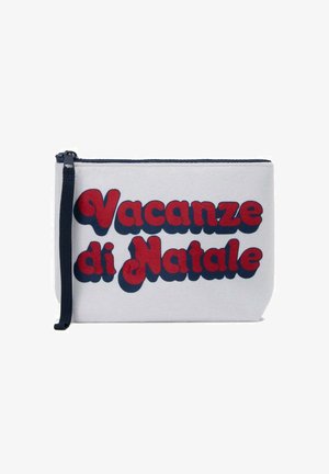 Witte stoffen pouch met gedurfde, rode tekst "Vacanze di Natale" in een afgerond lettertype, voorzien van een donkere rits en polsband.