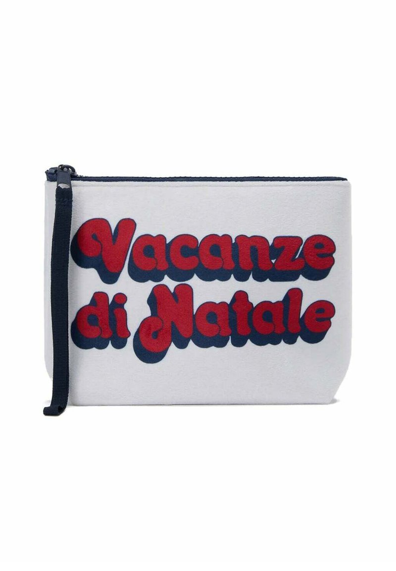 Witte stoffen pouch met gedurfde, rode tekst "Vacanze di Natale" in een afgerond lettertype, voorzien van een donkere rits en polsband.