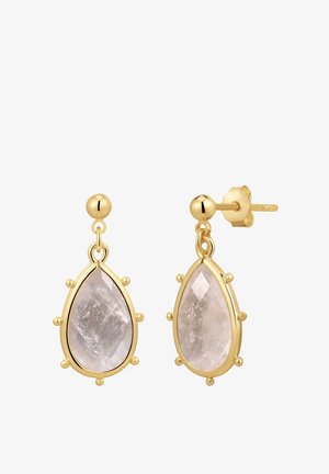 Gold-tone stud earrings featuring teardrop-shaped rose quartz stones, accented with small circular details along the bezel.