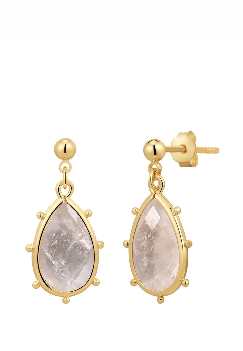 Guldtonade studs med droppformade rosa kvartsstenar, prydda med små cirkulära detaljer längs infattningen.