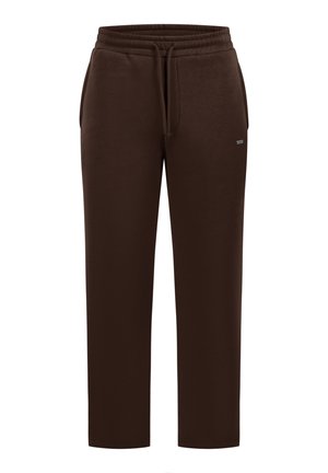 Braune Hosen aus Baumwollmischung mit elastischem Bund und Kordelzug, Seitentaschen und geradem Schnitt. Einfaches, einfarbiges Design.