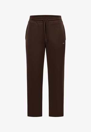 Brown, cotton blend pants featuring an elastic waistband with drawstring, side pockets, and a straight leg design. Simple, solid color.