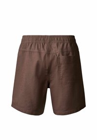 Shorts décontractés marron avec ceinture élastique et une seule poche arrière, vus de dos sur un fond blanc.