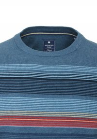 Blau gestreifter Pullover mit verschiedenen Blautönen, Grau und Rot. Rundhalsauschnitt mit gerippter Textur und einem Etikett im Kragen.