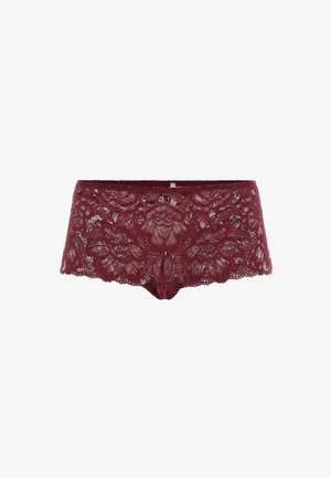 Bordeaux kant boyshorts met bloemenpatronen, voorzien van een gegolfde rand en een zachte textuur. Rekbaar materiaal biedt een comfortabele pasvorm.