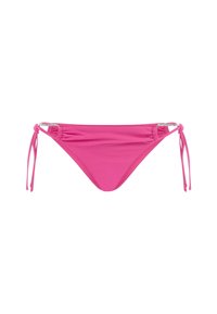 Růžový bikiny spodek vyrobený z pružného materiálu, s nastavitelnými bočními vázáními, nařasením a malým kovovým akcentem na pase.