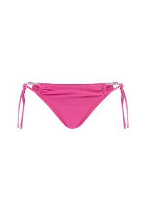 Pink bikini bottom made of stretchy fabric, featuring adjustable side ties, ruched detailing, and a small metallic accent on the waistband.