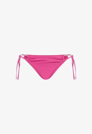 Roze bikini-bottom van rekbaar materiaal, voorzien van verstelbare zijstrikken, gerimpelde details en een kleine metalen accent op de tailleband.